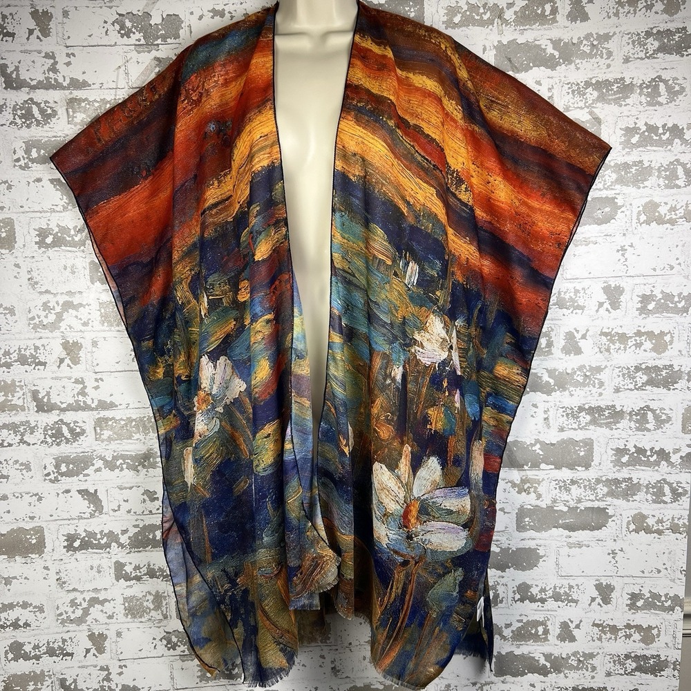 Monet Water Lilies Inspired Ruana Kimono Poly Chiffon Resort Cover Up Fringe Hem - Picture 4 of 14